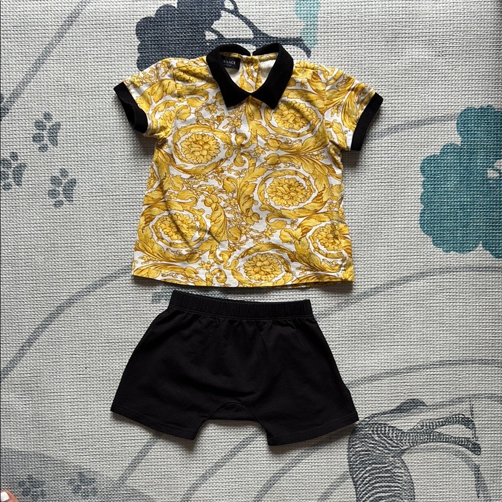 Versace Gold and Black Floral Shirt with Black Shorts Set